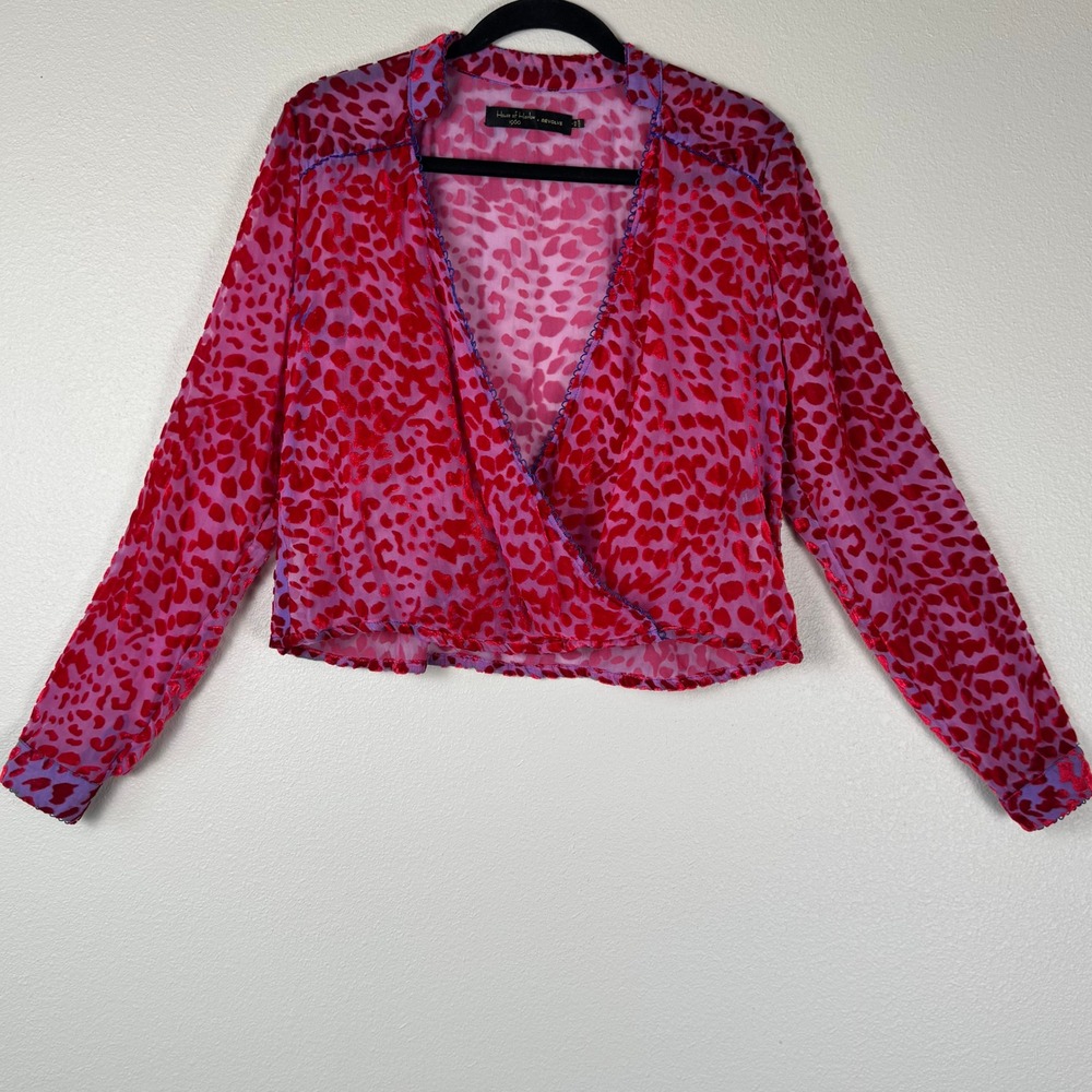 House of Harlow Pink Red Sheer Blouse Animal Print‎ XS Red Pink Leopard